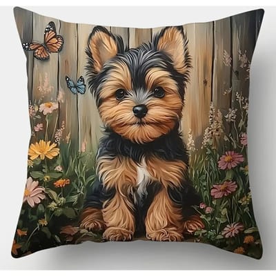 VIKAMA Yorkshire Terriër In Bloementuin KussenslopenWoonkamer Bank Kussenhoes, Zacht Comfortabel, Slaapkamer Kamer Decoratie 50x50cm