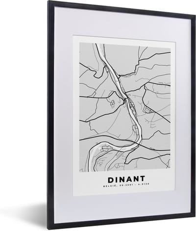 Fotolijst incl. Poster Zwart Wit- Stadskaart – Zwart Wit - Kaart – Dinant – België – Plattegrond - 30x40 cm - Posterlijst