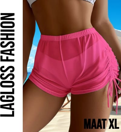 LaGloss® Dames Bikini Cover Up Broekje Roze Halfdoorzichtig Met Koordjes – Zomermode – Beach Fashion – Maat XL