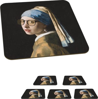 Onderzetters voor glazen - Meisje met de parel - Vermeer - Bril - 10x10 cm - Glasonderzetters - 6 stuks