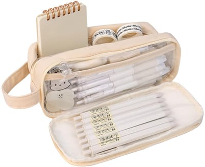 Stijlvol Multifunctioneel Pennenetui PVC+PU – Ruim, Duurzaam en Compact, 5 Compartimenten voor Pennen, Potloden en Markers, Wit/Roze
