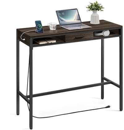 VASAGLE - Bartafel - hoge tafel met opbergruimte - keukentafel - sidetafel - dressoir - stabureau - multifunctionele tafel - lengte 120 cm - hoogte 104.6 cm - met lade en opbergvakken - USB lader en stopcontact - hout met metaal - bruin met zwart -