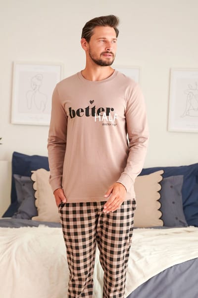 Doctor Nap Katoenen Matching Familie Gezin Pyama Heren Lange Mouw Lange Broek Kerst Winter Better Beige PMB.5216 S