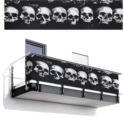 Balkonscherm 500x120 cm - Balkonposter Schedels - Zwart - Contrast - Balkon scherm decoratie - Balkonschermen - Balkondoek zonnescherm