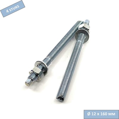 UFAST ankerstang - M12 x 160 mm - Moer + sluitring - Verzinkt - 4 stuks