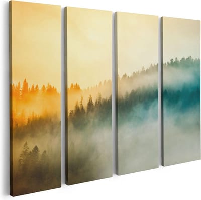 Artaza Canvas Schilderij Vierluik Kleurrijke Zonsopgang In Het Bos Met Mist - 80x60 - Foto Op Canvas - Canvas Print