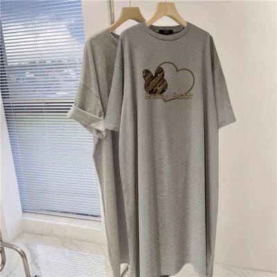 Katoenen Korte Mouw Lange Jurk Losse Grote Maat Knie T-shirt Rok Casual Medium en Lange Jurk Dames XXL gray
