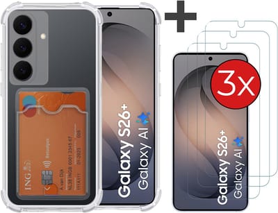 Hoesje met 3 Stuks Screenprotectors Geschikt voor Samsung Galaxy S26 Plus Hoesje Met Pashouder Siliconen Shockproof Case - Arara Backcover- Transparant