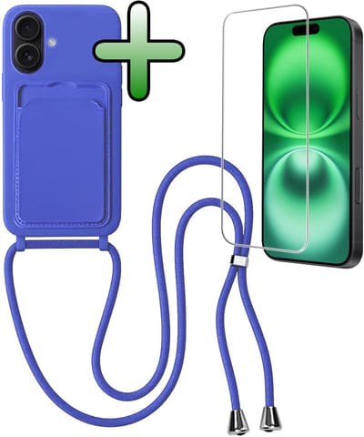 Hoes Geschikt voor iPhone 16 Plus Hoesje Pas Houder Case Hoes Met Koord Met Screenprotector - Hoesje Geschikt voor iPhone 16 Plus Hoes Met Telefoonkoord Pasjeshouder Cover - Felblauw