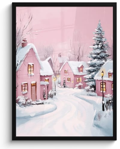 Poster in lijst - Fotolijst 50x70 cm - Posters - Kerstdorp - Roze - Winter - Sneeuw - Huizen - Posterlijst zwart - Decoratie - Wanddecoratie woonkamer - Kerstdecoratie voor binnen - Kerstversiering - Kerstmis versiering in huis - Kerstaccessoires