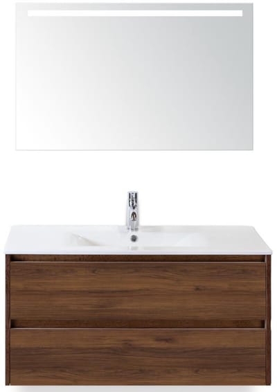 Dante Badmeubelset 100 cm - Walnoot - Keramische Wastafel Wit Enjoy met Sence Spiegel