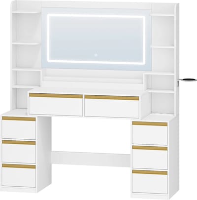 Velmio Kaptafel - Kaptafel Met Grote Spiegel En Verlichting - LED - 40 x 135 x 145,2cm - Make Up Tafel - Incl Anti-kantelvoorziening - Wit