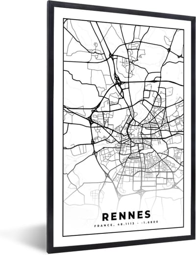 Fotolijst incl. Poster Zwart Wit- Frankrijk - Plattegrond - Rennes - Stadskaart - Kaart - Zwart wit - 40x60 cm - Posterlijst