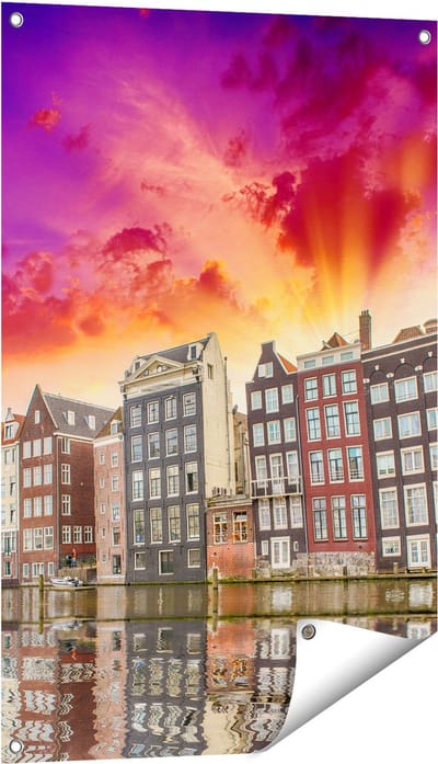 Gards Tuinposter Amsterdamse Huisjes bij het Kanaal - Kleur - 60x90 cm - Tuindoek - Tuindecoratie - Wanddecoratie buiten - Tuinschilderij