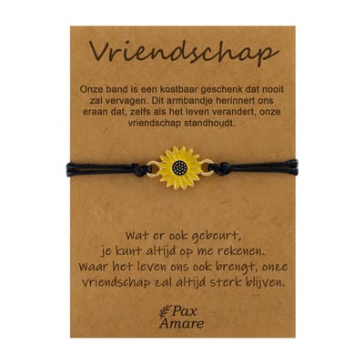 Pax Amare Armbandje met Zonnebloem - Vriendschapsarmbandje Cadeau - BFF Armband Cadeau - Vriendschap - Zwart - Vriendschap