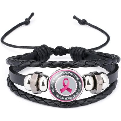 Bracelet Breloque Ruban Rose Pour Femmes Bracelet en Corde de Cuir Tressé Filles Sensibilisation au Cancer du Sein Espoir Bijoux Accessoires gray