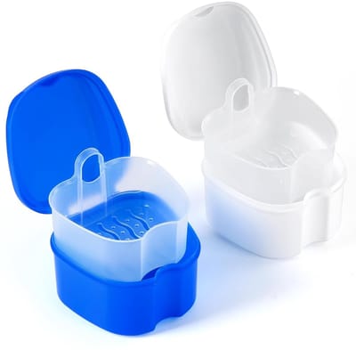 Tandenborstel Beker 2-Pack - Kunstgebit Opbergdoos - Met Filter Mandje - Blauw/Wit - Veilig Kunststof - Diep Ontwerp - Geschikt voor Beugels en Mondbeschermers - Draagbaar en Lichtgewicht