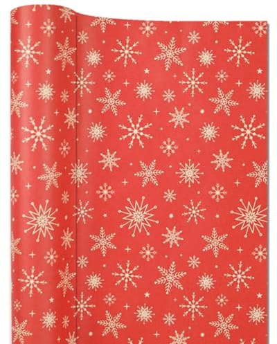 Kerst Inpakpapier Roll 43cm x 15M - Recyclebaar Kraft Inpakpapier met Rode Sneeuwvlokken en Tape voor Feestelijke Decoratie