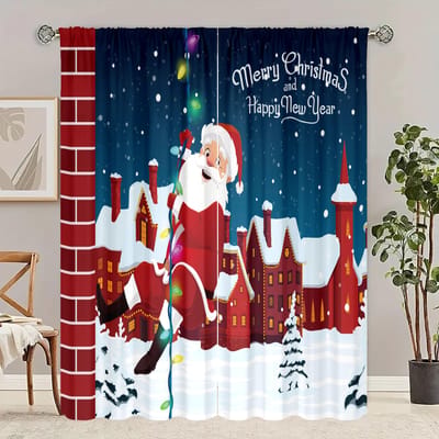 2 pièces - Rideaux imprimés décoration de Noël de ville - Matière polyester - adaptés pour chambre, salon, bureau 30inchx65inchx2Pcs blue