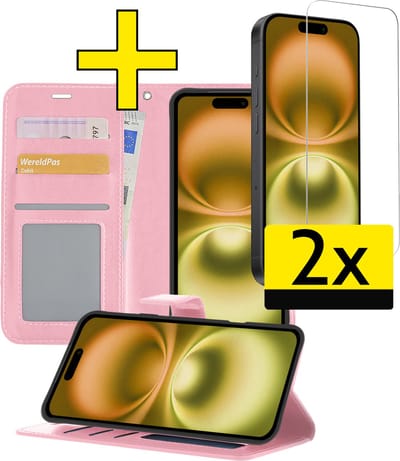Hoesje - Met 2x Screenprotector - Geschikt voor Apple iPhone 16 - Luxe Pasjeshouder - Bookcase Portemonee - Flip Case - Kunstleer Book Case - Flipcase Hoes - Book Cover - Walletcase - Portemonneehoes - Telefoonhoesjes - Lichtroze