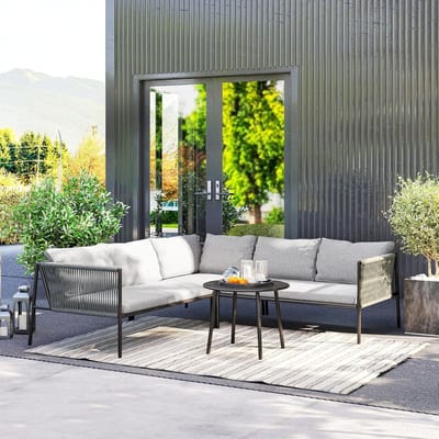 Tuinmeubelset 4-Delig 116x80x60,5 cm Polyrotan Loungeset met Hoekbank, Ronde Tafel en Kussens Weerbestendig voor Tuin, Balkon en Terras Donkergrijs Mobili Bella