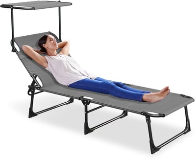 ACXIN Ligstoel Inklapbaar - Zwart - Tuin Ligstoel met Verstelbaar Zonnescherm - 600D Oxford Stof - 194x68x30 cm - Hoofdsteun Zijvak - Tuin Strand Camping Terras