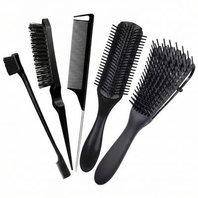 Zwarte haarborstel en kam set 5 delig voor dames en heren haar styling set met kunststof borstels en puntkam geschikt voor dagelijks gebruik en getextureerd haar