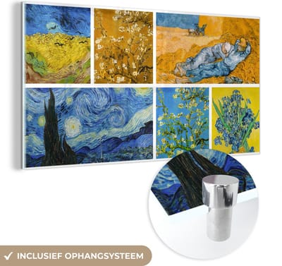 MuchoWow® Glasschilderij 40x20 cm - Schilderij acrylglas - Van Gogh - Collage - Sterrennacht - Foto op glas - Schilderijen