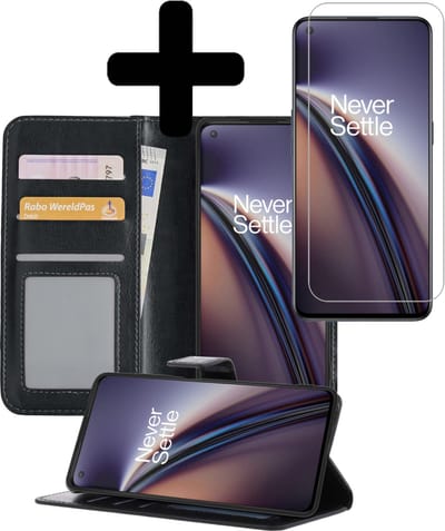 Hoesje - Met Screenprotector - Geschikt voor OnePlus Nord CE - Luxe Pasjeshouder - Bookcase Portemonee - Flip Case - Kunstleer Book Case - Flipcase - Book Cover - Walletcase - Portemonneehoes - Telefoonhoesjes - Zwart