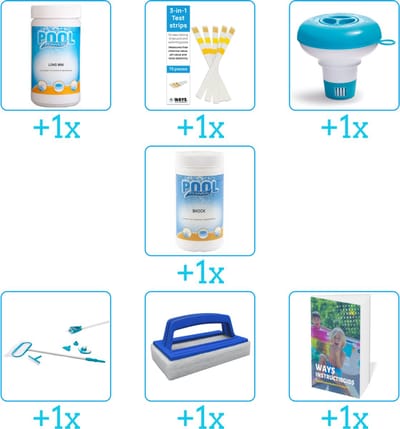 Zwembad Onderhoudspakket - Onderhoud Zwembad - bevat Chloor - Testrips - Chloordrijver - Chloor - Schoonmaakset - Scrubborstel en Zwembadgids (7-delig)