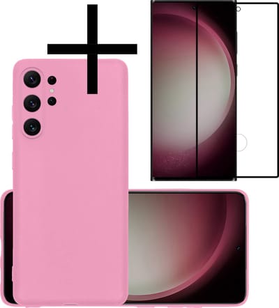 Hoesje - Met Screenprotector - Geschikt voor Samsung Galaxy S23 Ultra - Sterk & Shockproof - Back Cover - Siliconen Case - Telefoon Hoes - Lichtroze