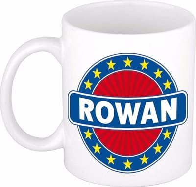 Bellatio Decorations - Rowan voornaam - koffiemok - beker - wit/blauw - 300 ml - Cadeau - Heren - Collega - Vaderdag - Verjaardag