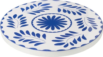 J-Line plateau Rond Bloemen - hout - blauw/wit