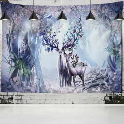 Kleurrijk Cartoon Eland Bos Wandtapijt Muurhanger Psychedelische Hekserij Hippie Natuurlandschap Woondecoratie Achtergronddoek 95x70cm white