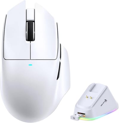 MAMBASNAKE x ATTACK SHARK V6 Draadloze Gamingmuis met Magnetisch Oplaadstation, 65g Lichtgewicht, PAW3311-sensor, 25000 DPI, BT/2.4G/USB-C, 100M Klikken, 500mAh voor Rechtshandigen–Wit