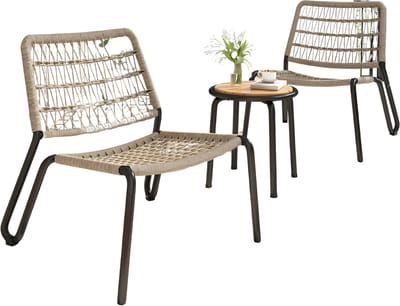 3-delig Bistro Set - Balkonmeubilair - Tuinmeubel -Tafel & stoelen - Stevig Gegalvaniseerd Staal & Handgevlochten Touw - Massief Hout, 160 Kg Belastbaar