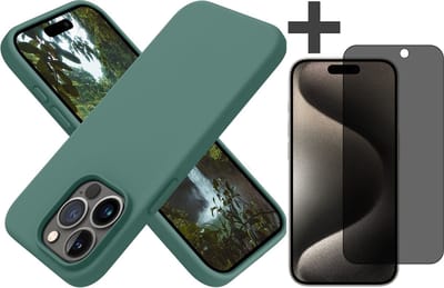 Hoesje met Privacy Screenprotector Geschikt voor iPhone 15 Pro Hoesje Siliconen - liquid case - Arara Backcover - Groen