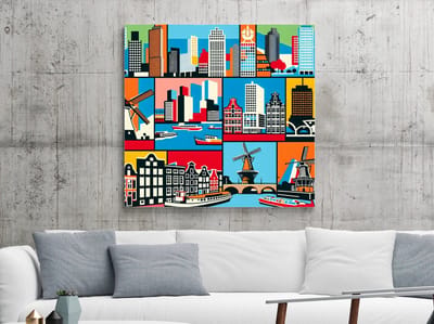 Pop art rotterdam schilderij | Rotterdamse stadsgezichten in levendige pop art kleurenpracht vereeuwigd op doek | Kunst - 40x40 centimeter op Dibond | Foto op Dibond