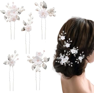 Dailygoods- Haarspelden 5 Stuks - Bruidssieraden - Haaraccessoires - Zilver - Bloemen - Perfect voor Bruiloften - Haarsieraad