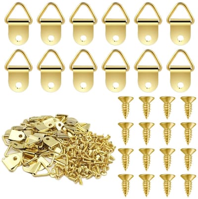 150 stuks fotolijsthaken met 150 stuks schroeven, driehoekige ringwandhaken, voor fotolijsten, spiegels, kunstwerken voor het ophangen van familiekantoorfoto's (goud)