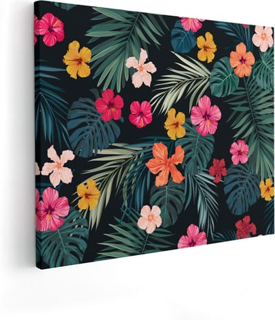 Artaza Canvas Schilderij Tropische Bloemen - 100x80 cm - Groot - Wanddecoratie Botanisch - Muurdecoratie Bladeren - Schilderijen Op Canvas