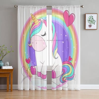 Schattige Eenhoorn Met Regenboog Transparante Raamgordijnen Voor Woonkamer Slaapkamer Moderne Voile Tule Gordijnen Stof Draperieën Voor Keuken 135W x 114H(cm) purple