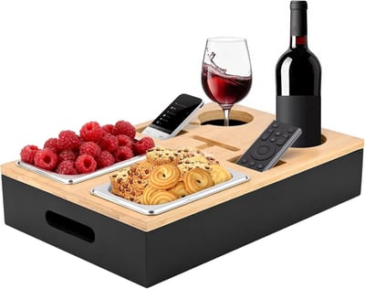 Couchbar Snackbox - Bankbar Dienblad met 2 RVS Snackschalen en 2 Bekerhouders - Afneembaar Deksel - Voor Bank, Woonkamer, Picknick, Feest en Horeca