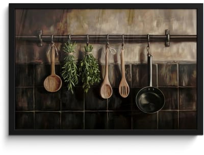 Poster in lijst - Fotolijst 60x40 cm - Posters - Keukengerei - Rustiek - Tegels - Kruiden - Posterlijst zwart - Decoratie - Wanddecoratie woonkamer - Muurdecoratie slaapkamer
