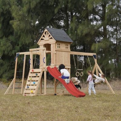 AXI Duncan Speeltoestel met Schommels, Klimrekken en Monkey Bars – Met Picknickbank - Rode Glijbaan - FSC 100% – Speeltoren voor de tuin / buiten