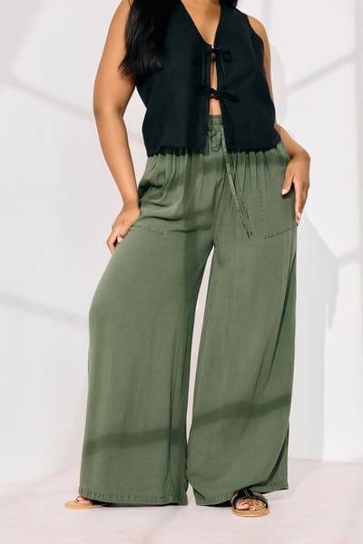 Yours Chambray Broek Met Wijde Pijpen En Elastische Taille In Kakigroen Size 42
