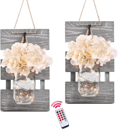 Wandkandelaars Set - Hangende Decoratie - Woonkamer Verlichten - Rustiek Houten Paneel - Set van 2 - Grijs