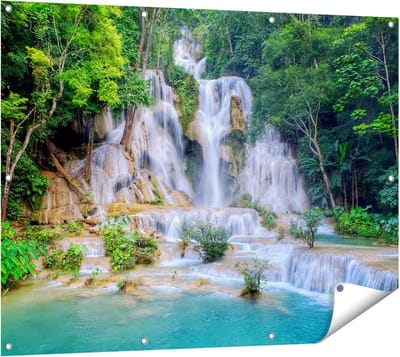 Gards Tuinposter Waterval in het Tropische Natuur - 120x90 cm - Tuindoek - Tuindecoratie - Wanddecoratie buiten - Tuinschilderij