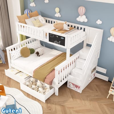 Gutent Kinderstapelbed - met paneel en lades -Zonder matras - Wit - 90*200+140*200 cm