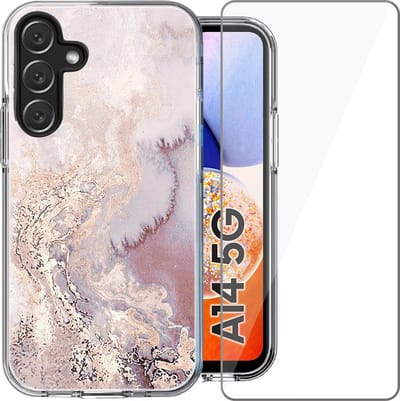 Hoesje geschikt voor Samsung Galaxy A14 - Screen Protector Glas - Back Cover Marmer Siliconen Case Roze & Screenprotector
